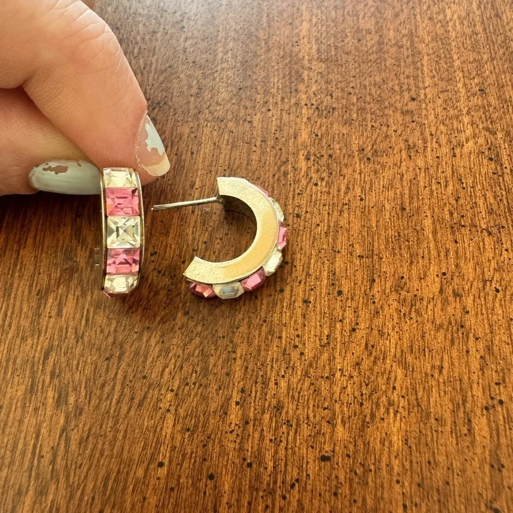 Pink and silver half hoop earrings